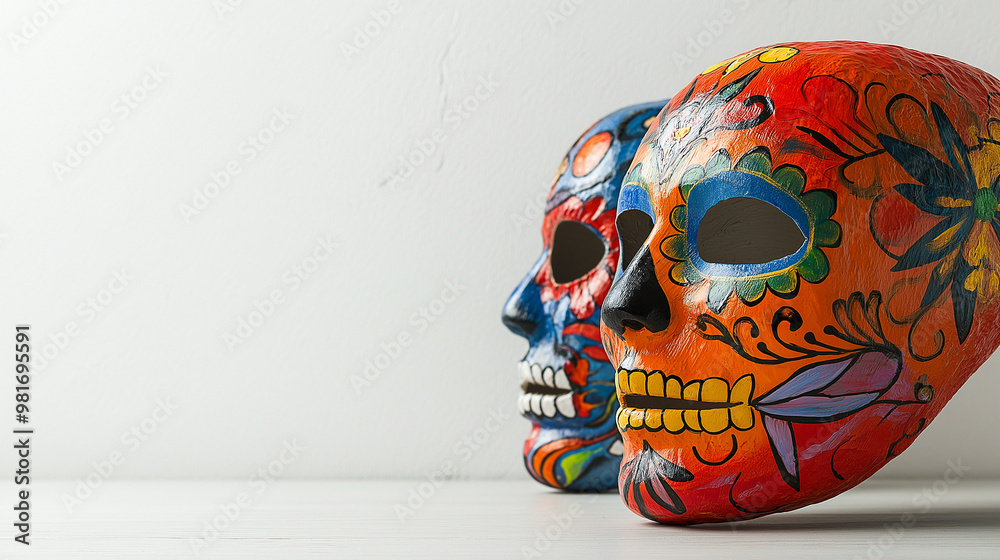 Two vibrant masks used for Dia de los Muertos display intricate designs, capturing the essence of the Day of the Dead celebration and honoring loved ones, copy space
