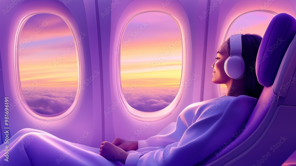 Woman in airplane enjoying peaceful flight at sunset, tranquil travel experience. Woman in airplane enjoying peaceful flight at sunset, tranquil travel experience.
