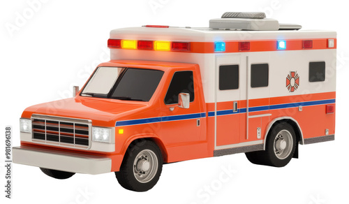 Bright orange toy ambulance with flashing lights isolated on transparent background