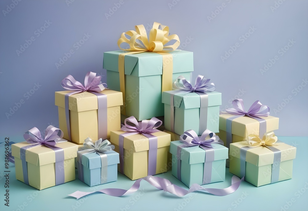 Fototapeta premium Assortment of pastel pink and blue gift boxes with pink bows on a light blue background
