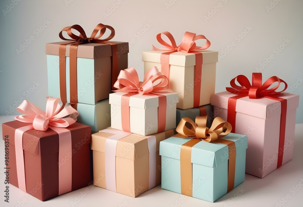Assortment of pastel pink and blue gift boxes with pink bows on a light blue background Assortment of pastel pink and blue gift boxes with pink bows on a light blue background