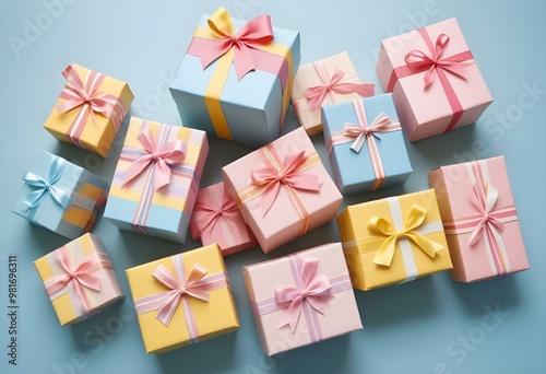 Assortment of pastel pink and blue gift boxes with pink bows on a light blue background