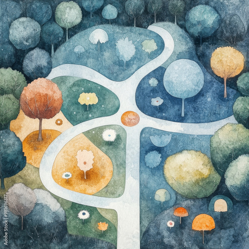 An abstract landscape with winding paths through colorful hills and trees, perfect for children’s books and sophrology stories.