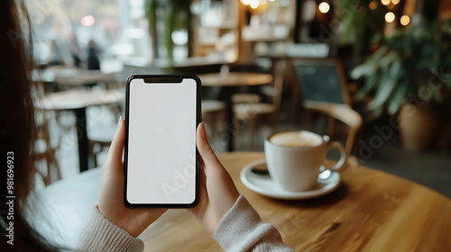 A woman holds a phone with a blank screen in a cafe.