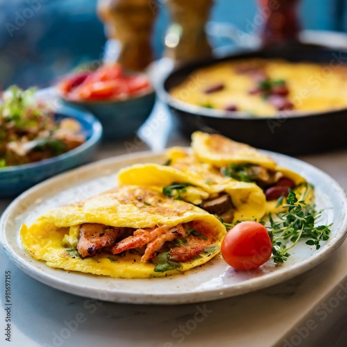 Gourmet breakfast omelets with depth of field showcasing rich flavors and diverse fillings