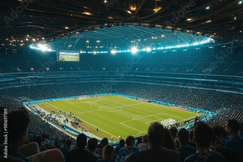 Shot of Empty Football Soccer Stadium. International Tournament Concept. A crowd of Fans Cheer on the Tribune. Beginning of Sports Final Game. Crowded Arena With Excited Supporters Waiting , ai