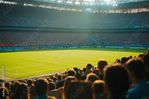 Shot of Empty Football Soccer Stadium. International Tournament Concept. A crowd of Fans Cheer on the Tribune. Beginning of Sports Final Game. Crowded Arena With Excited Supporters Waiting , ai