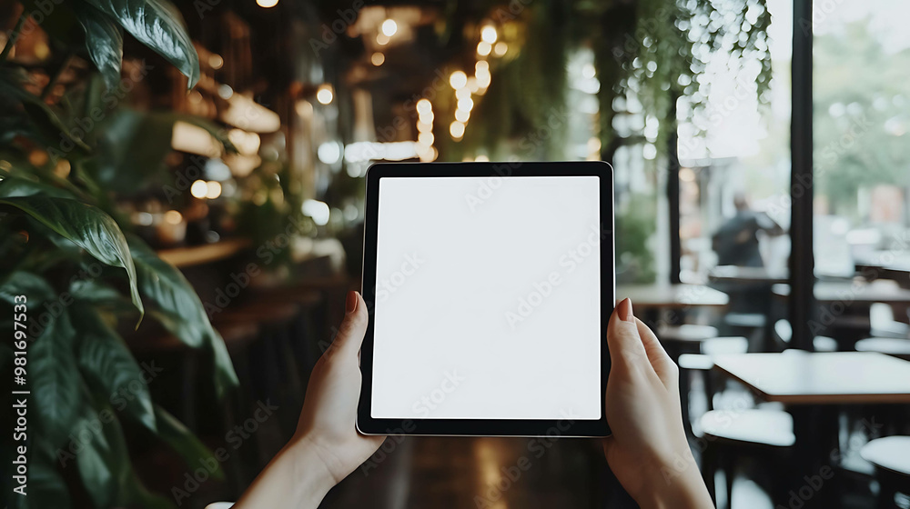 Mockup of a tablet with blank screen held in hands at a cafe. Mockup of a tablet with blank screen held in hands at a cafe.