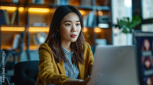 Young Asian business woman employee or executive manager using computer looking at laptop and talking leading hybrid conference remote video call virtual meeting or online interview  photo