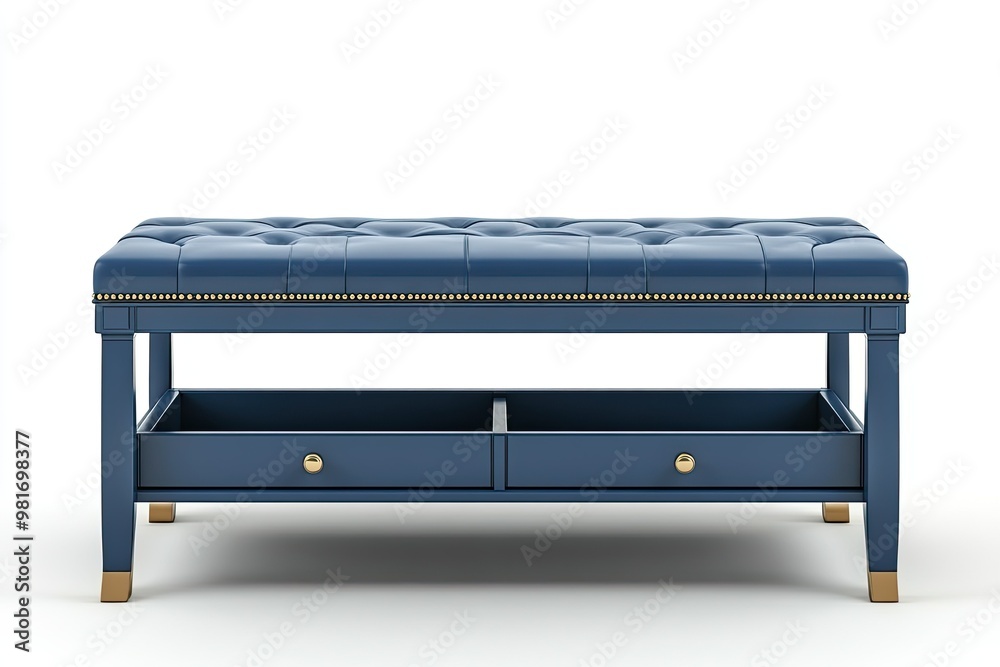 Obraz premium blue luxury wooden bench with shoe rack storage drawer isolated on white background 