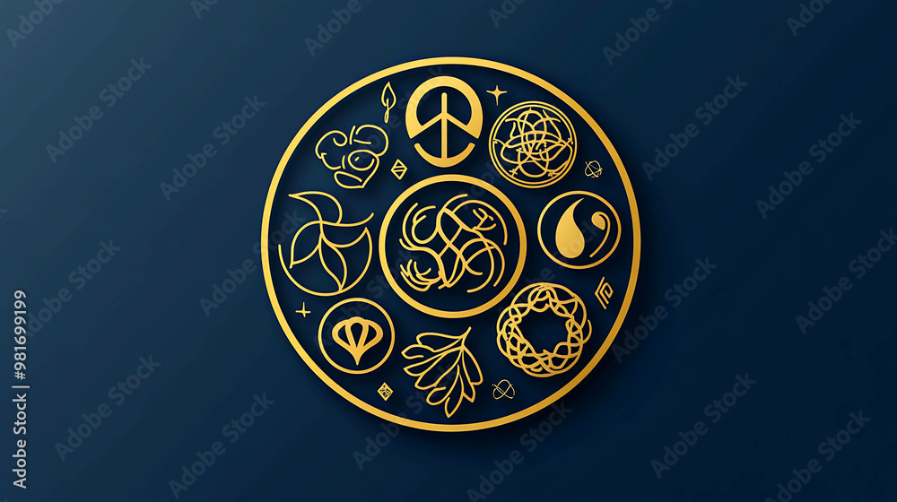 A gold circle with various abstract symbols on a dark blue background. A gold circle with various abstract symbols on a dark blue background.