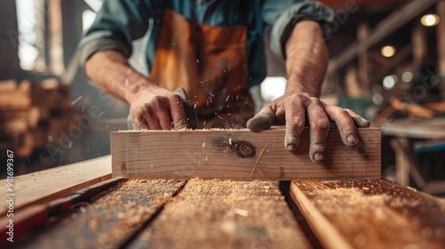 Carpenter using a planer to smooth wood. This photo showcases the process of woodworking and the tools used.