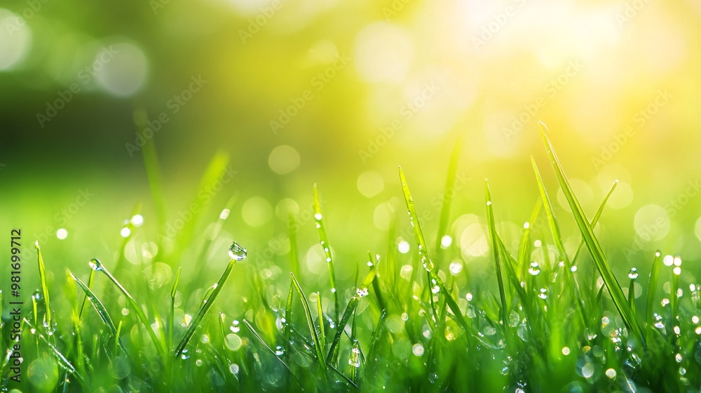 Dew-Covered Blades of Grass in Morning Sunlight Dew-Covered Blades of Grass in Morning Sunlight