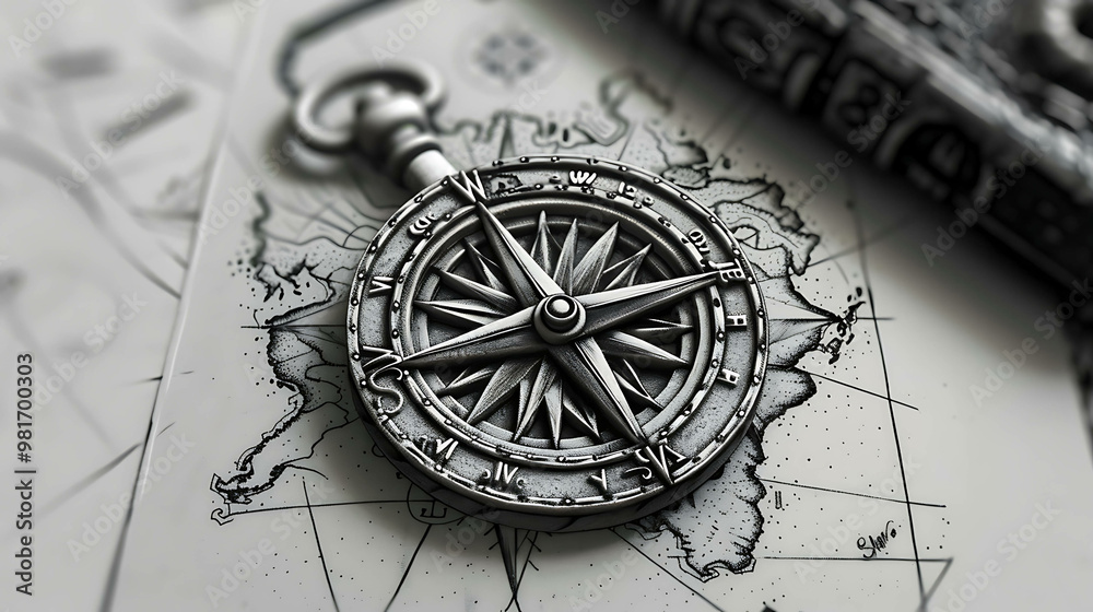 Fototapeta premium An antique compass lays on a vintage map.