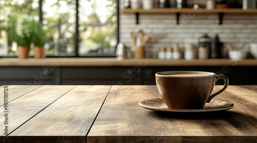 A Cup of Coffee on a Wooden Table in a Kitchen Setting