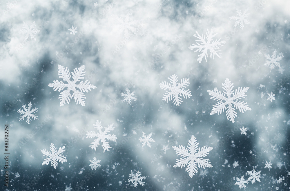 White Snowflakes Swirling Against a Stormy Grey Sky in a Wintery Scene White Snowflakes Swirling Against a Stormy Grey Sky in a Wintery Scene