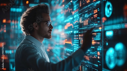 Man Interacting with a Large, Interactive Digital Display