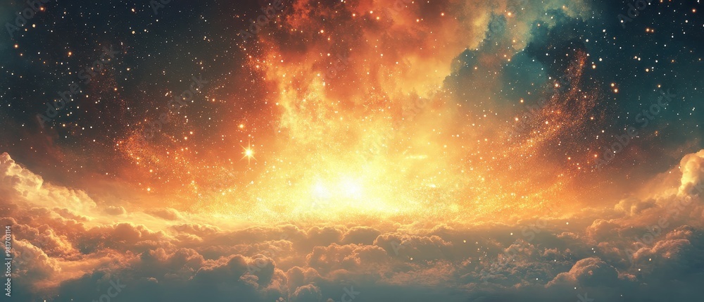 Fototapeta premium A breathtaking cosmic sunrise illuminating the clouds, blending vibrant colors and celestial elements in a stunning display.