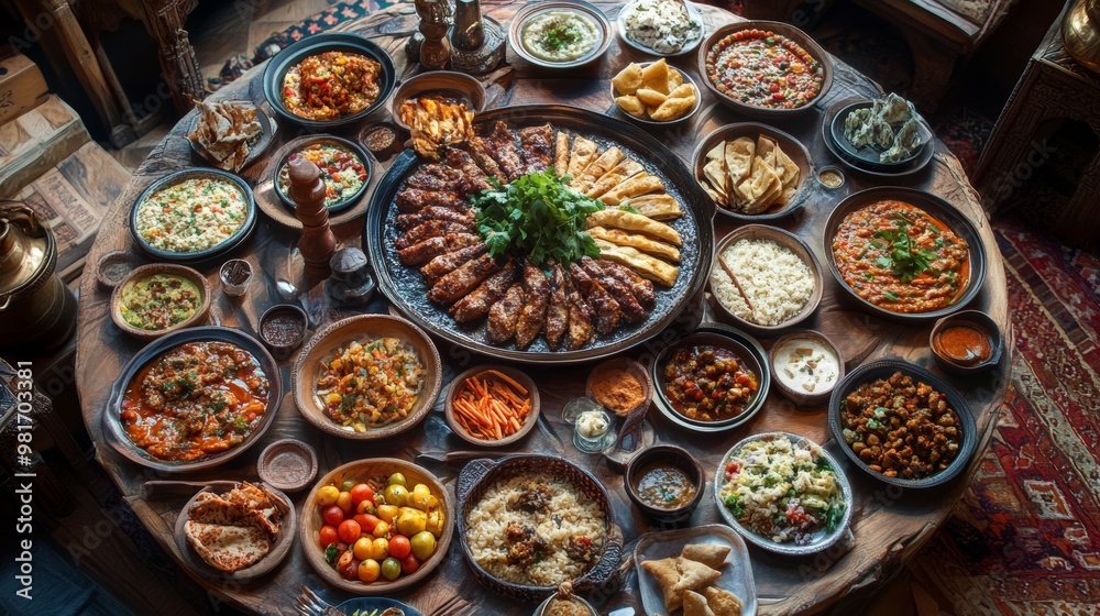 A circular dining table set with an extravagant feast, featuring dishes from around the world A circular dining table set with an extravagant feast, featuring dishes from around the world