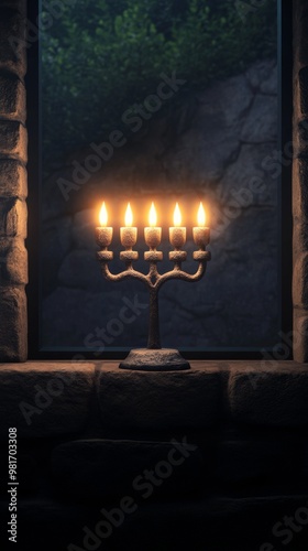 Candlelit menorah glowing warmly by a window with a scenic backdrop, creating a serene and peaceful atmosphere.