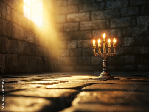 Golden candelabrum with lit candles casting warm light in a dimly lit, rustic stone-walled room with a sunbeam from the window.