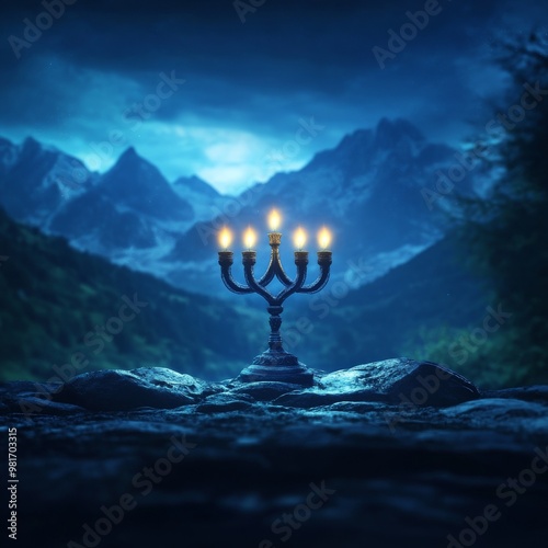 Glowing candelabra illuminates a mystical mountainous landscape under a starry night sky, creating an enchanting and serene atmosphere.