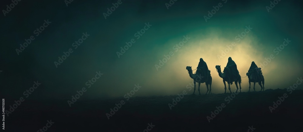 Fototapeta premium Three wise men on camels in the mist. 