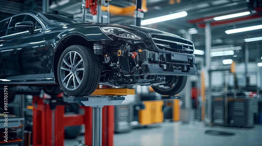 custom made wallpaper toronto digitalBlack Sedan Lifted on a Lift in a Factory Setting
