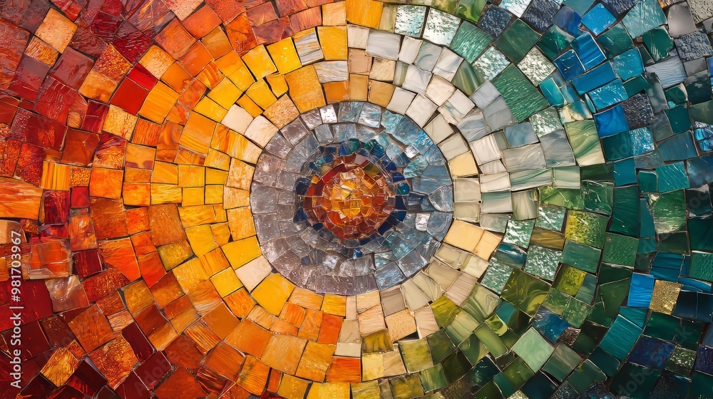 Fototapeta premium A circular mosaic made of broken pieces of glass and ceramic, forming a vibrant pattern
