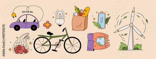 Retro cartoon set of eco friendly objects