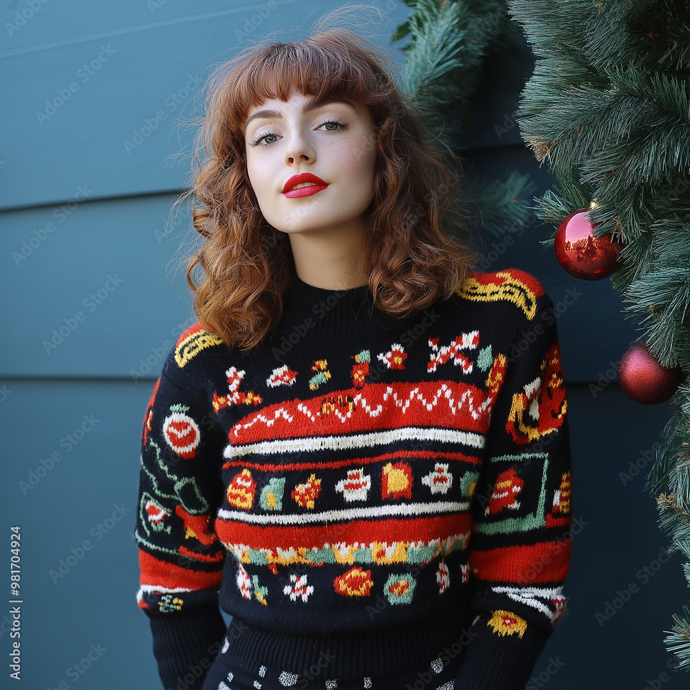 Red-haired woman in colorful Christmas sweater, festive outdoor decorations Red-haired woman in colorful Christmas sweater, festive outdoor decorations