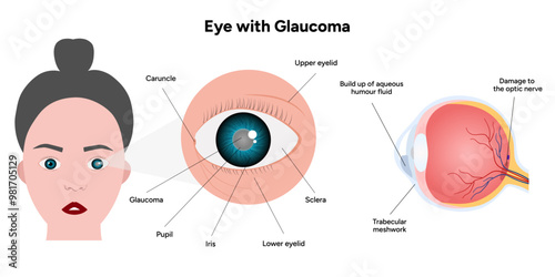 Eye with glaucoma disease, medical infographic with human eye optic anatomy