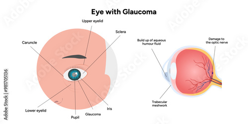 Eye with glaucoma disease, medical infographic with human eye optic anatomy