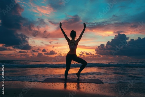 Silhouette lady practice yoga for healthy on the beach with twilight sky background , ai