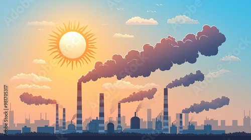 Weather Climate Change Factory chimneys with smoke under a sun, representing global warming and air pollution, no face, flat design illustration photo