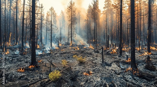 Weather Climate Change Forest Fire Aftermath A charred forest landscape photo