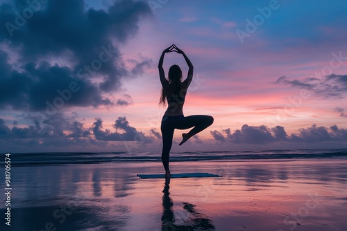 Silhouette lady practice yoga for healthy on the beach with twilight sky background , ai