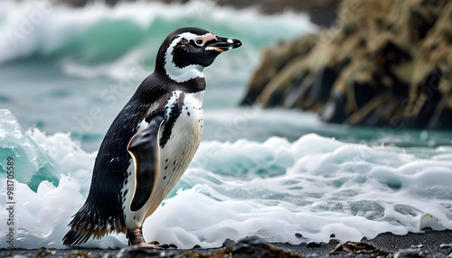 Magellanic penguins braving the stormy ocean waves