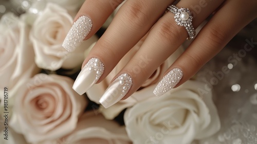 Elegant bridal nails with a white and silver glitter design, hands of a woman with long acrylic fingernails, pearl gradient nail polish,diamond ring,bouquet of roses nearby perfect manicure,copy space