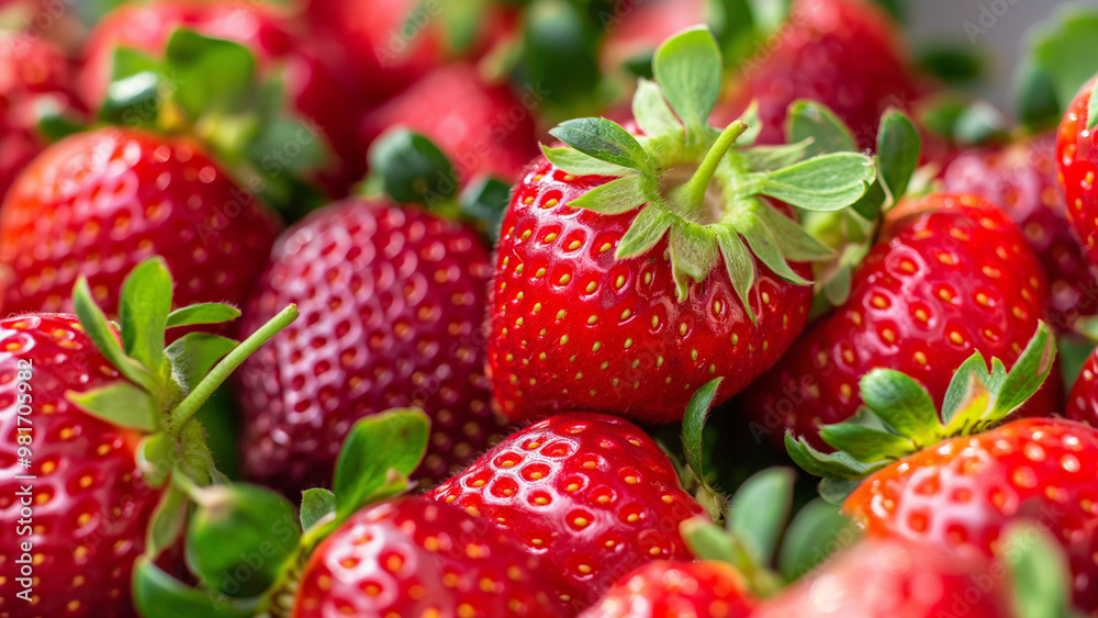 Close-up of fresh ripe strawberries with green leaves, showcasing vibrant colors and textures, ideal for food photography and healthy eating concepts. Close-up of fresh ripe strawberries with green leaves, showcasing vibrant colors and textures, ideal for food photography and healthy eating concepts.