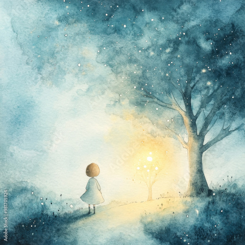 A child gazes at a glowing tree in a misty forest, evoking wonder and tranquility. Ideal for children's books, sophrology, and fairy tales. photo