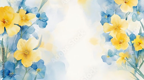 Watercolor blue and yellow flowers, small floral border and an empty center area for writing, copy space, spring mood photo