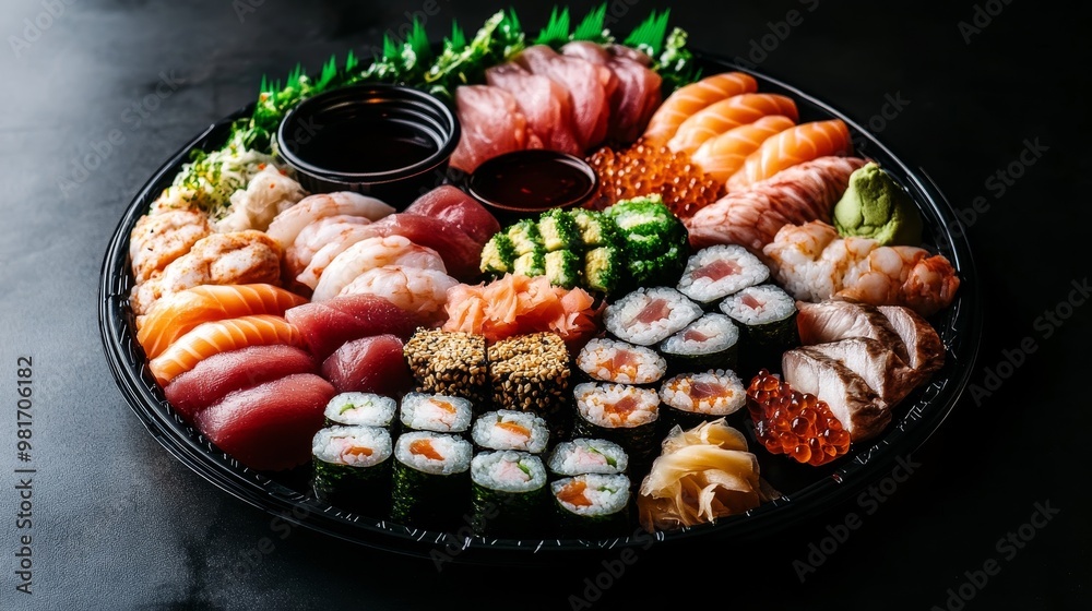 A circular sushi platter with neatly arranged rolls, sashimi, and dipping sauces