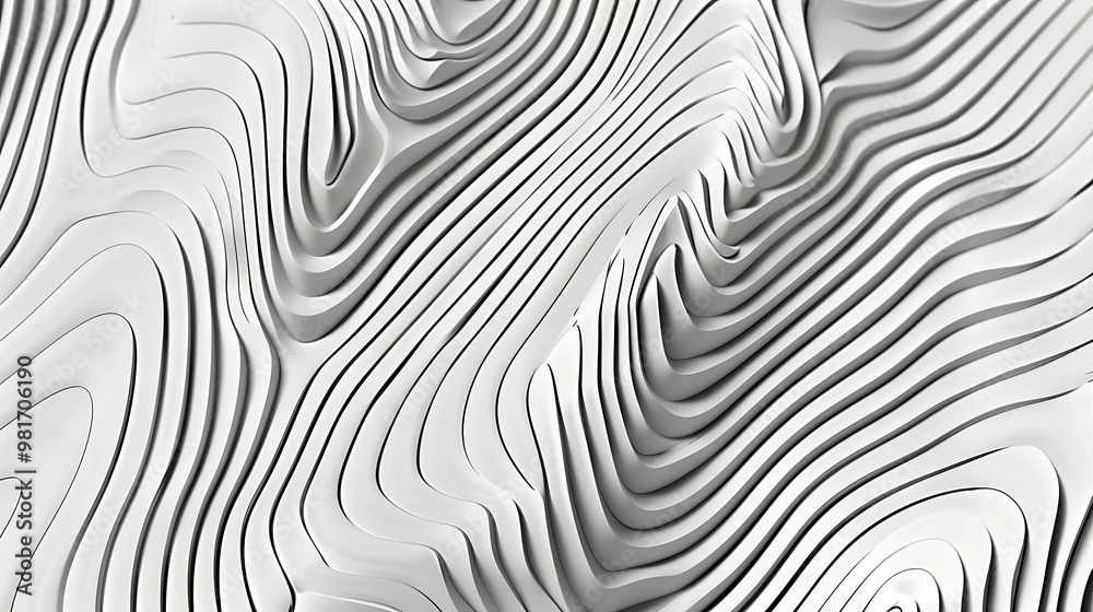 An abstract white and grey background with a 3D layered wave pattern. An abstract white and grey background with a 3D layered wave pattern.