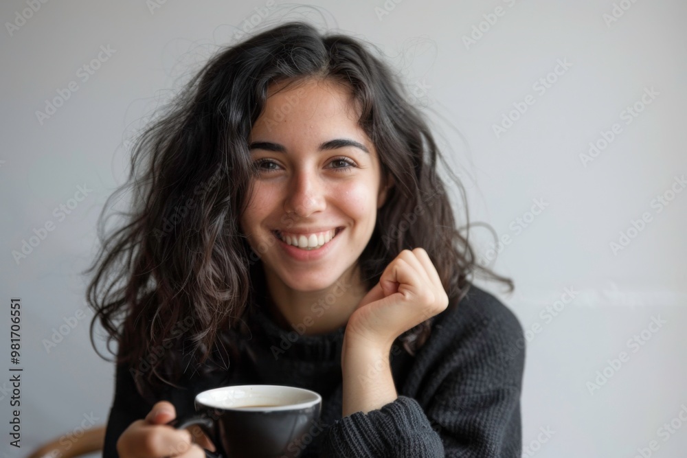 Serene woman smiling while enjoying a cup of coffee at a cozy cafe Serene woman smiling while enjoying a cup of coffee at a cozy cafe