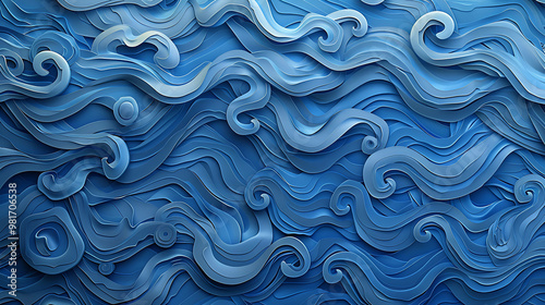 A blue abstract paper art background with wavy designs.