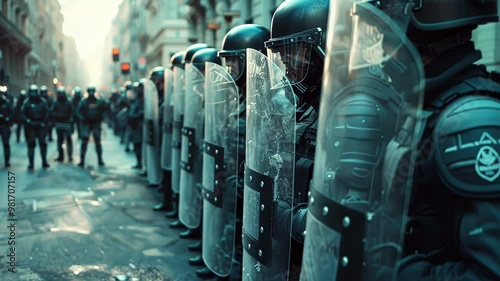 Law enforcement officers equipped with riot gear and shields, standing in formation, prepared to maintain order during a protest in an urban environment