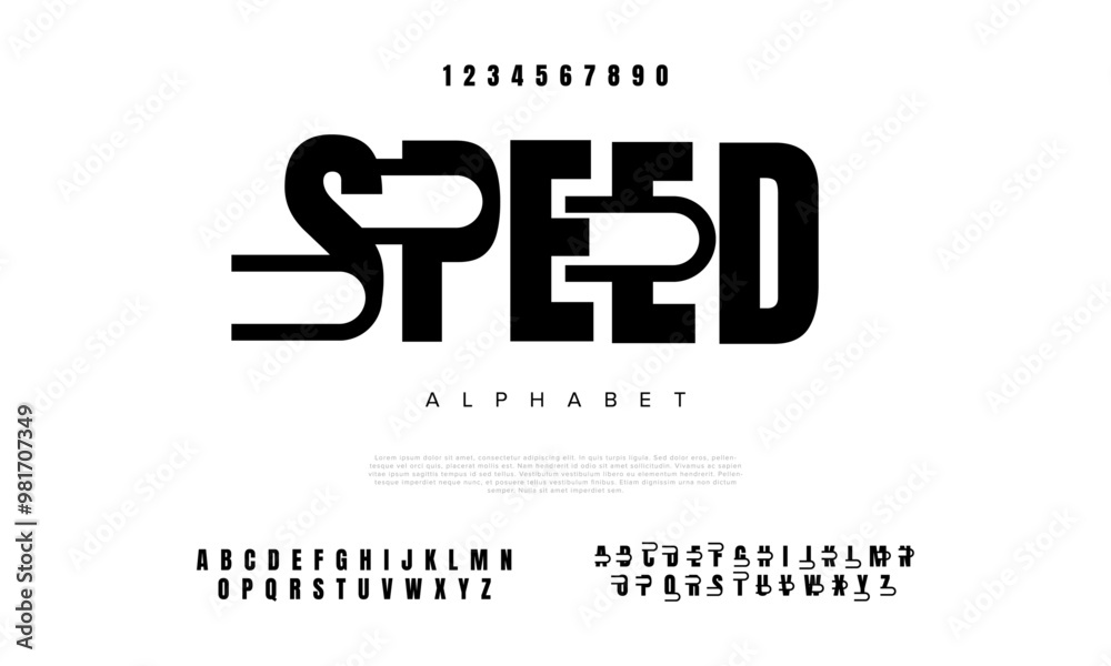 Obraz premium Speed creative modern geometric urban alphabet font. Digital abstract futuristic, game, techno, robot, music, logo, sport, minimal technology typography. Simple numeric vector illustration