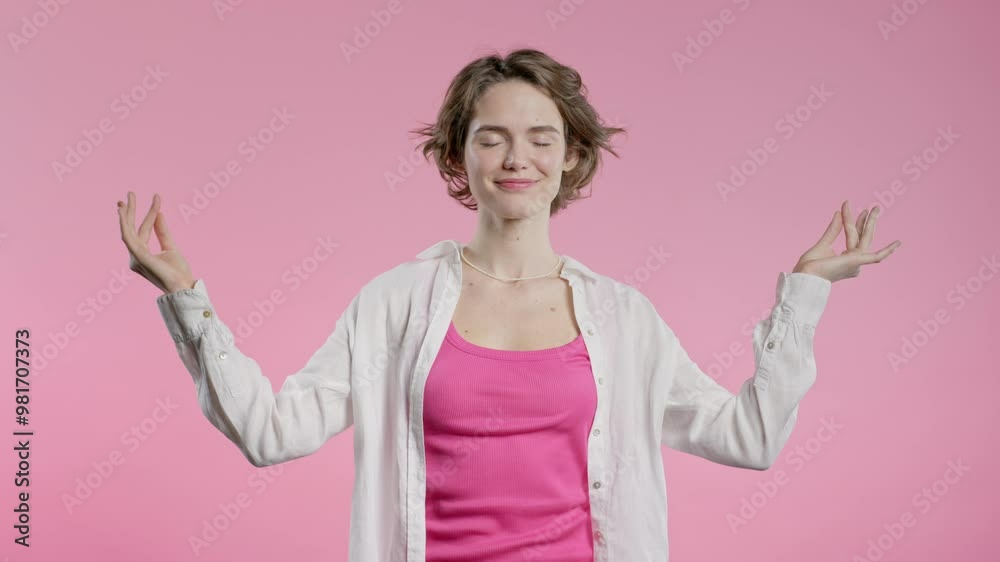 Tranquil woman relaxing, meditating, refuses stress. Charming lady breathes deeply, calms down, pink studio background. Yoga, moral balance, zen concept. Tranquil woman relaxing, meditating, refuses stress. Charming lady breathes deeply, calms down, pink studio background. Yoga, moral balance, zen concept.