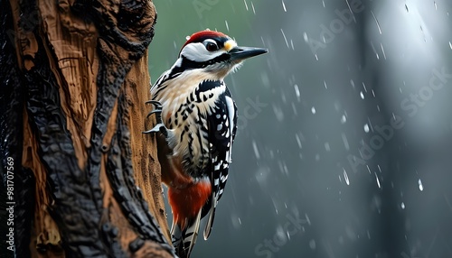 Great spotted woodpecker seeking shelter under the cover of rain

 photo